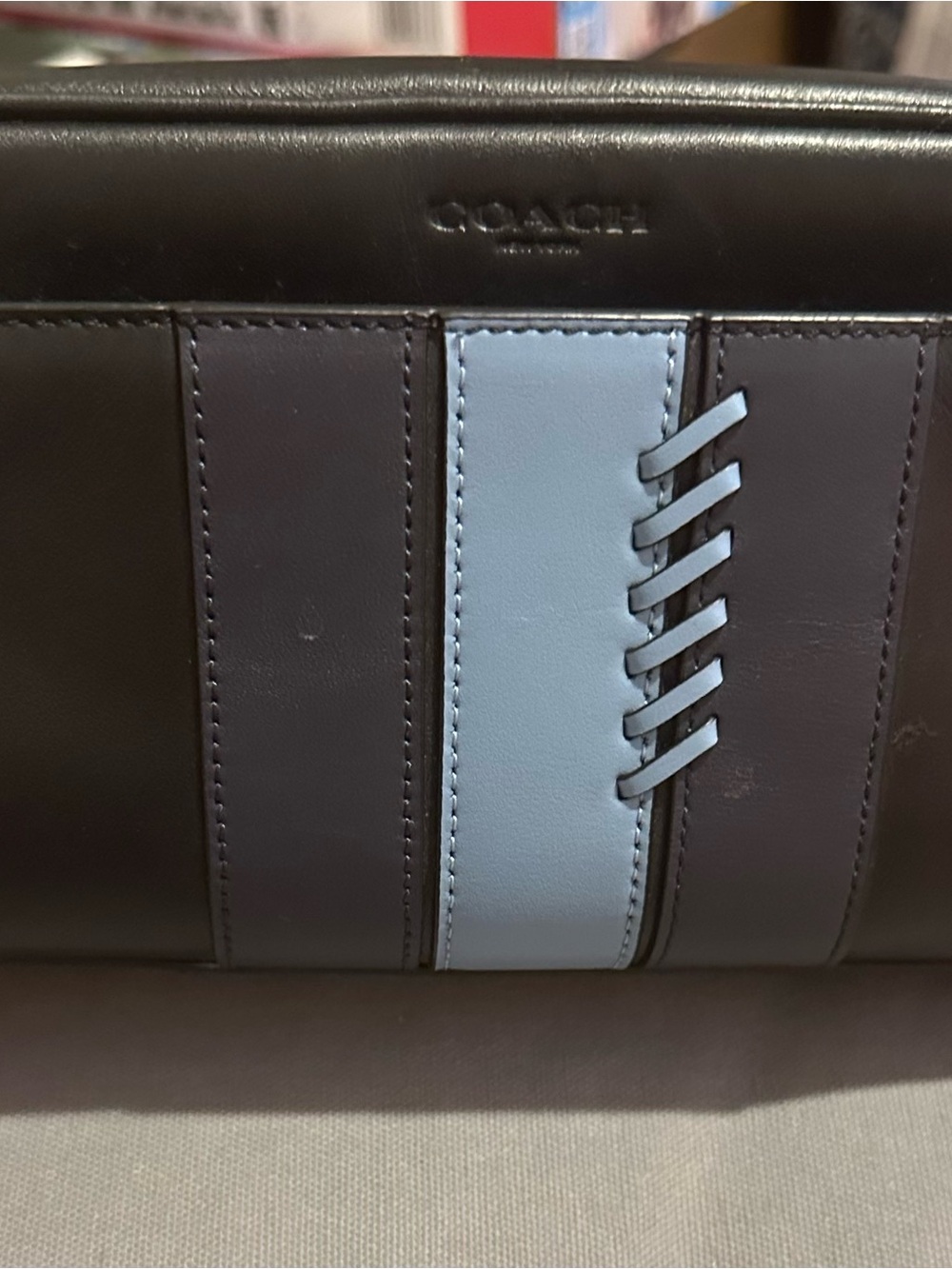 Coach Black Leather Men's travel toiletry bag with Light Blue Center Stripe